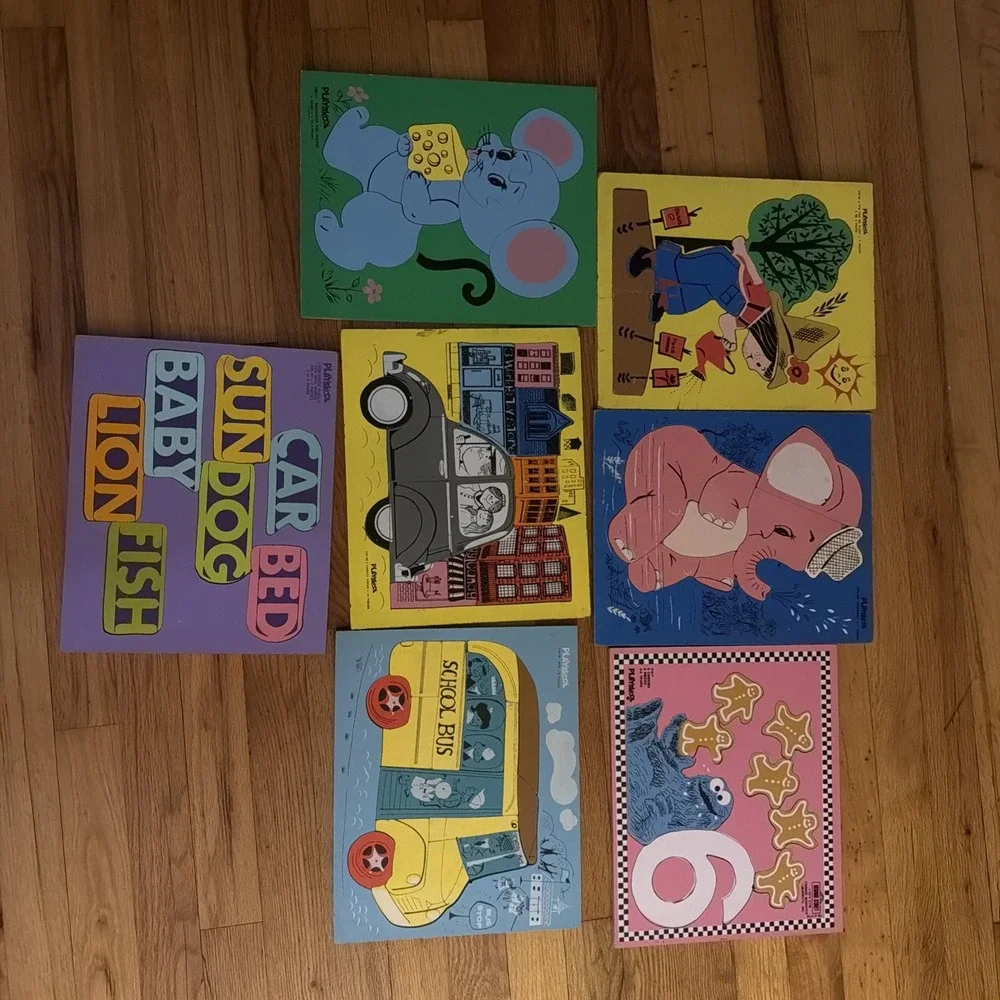 Playskool Wooden Puzzles  Sesame Street, School Bus, Animals Lot Of 7 -70's